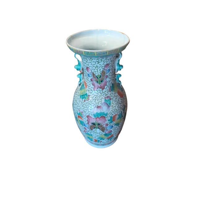 Mid 20th Century Chinese Porcelain Vase from Lotd and Taylor With Large Butterflies & Turquoise Foo Dogs. Vase is signed...