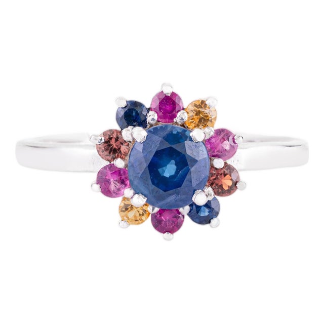 Natural Blue Sapphire & Rainbow Sapphire Floral Cluster Ring Size 5 in 14k Gold For Sale