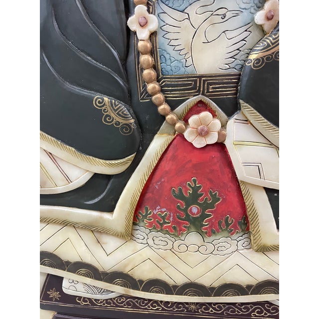 Wood Pair of Chinese Jade & Semi-Precious Stone Inlaid Shadowbox Panels – Emperor & Empress For Sale - Image 7 of 9