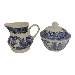 Vintage Blue Willow by Churchill Lidded Porcelain Sugar Bowl & Creamer Set, Made in England
