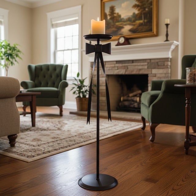 Hand Forged Iron Floor Pedestal 44.5″ (113cm) Artisanal Bronze Finish Bow Tie Ribbon Design Welcome Stand For Sale - Image 6 of 12