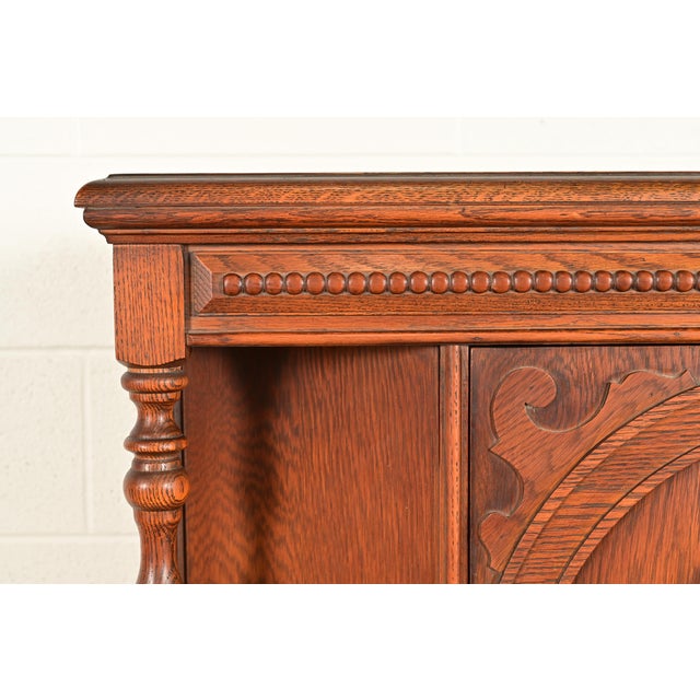 Wood Antique English Jacobean Carved Oak Bar Cabinet, Circa 1920s For Sale - Image 7 of 14