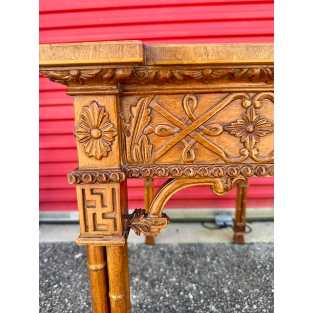 Pair Antique Carved Chinese Chippendale Faux Bamboo Fretwork Banded Inlay Single Drawer Hall Foyer Console Tables For Sale - Image 4 of 12