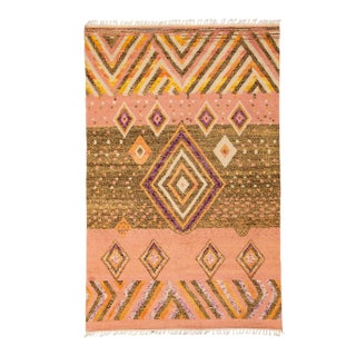 Modern Moroccan Style Handmade Geometric Designed Peach Boho Wool Rug For Sale