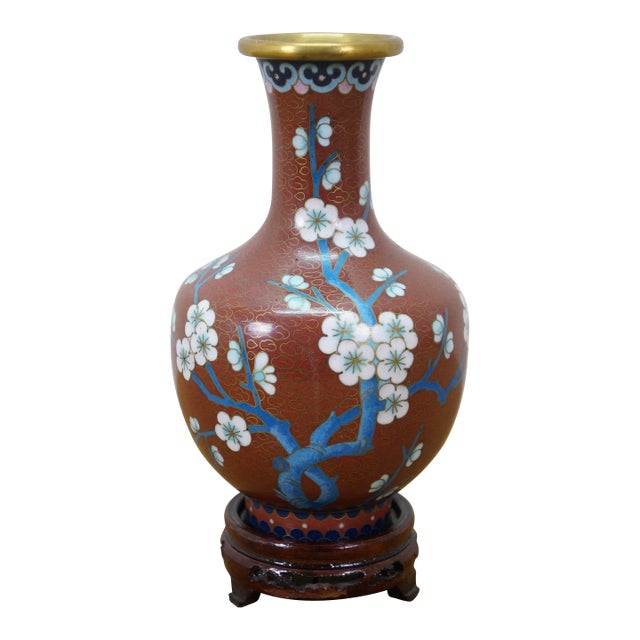 Vintage Chinese Brass Cloisonne Enamel Cherry Blossom Bud Vase Urn 6" For Sale
