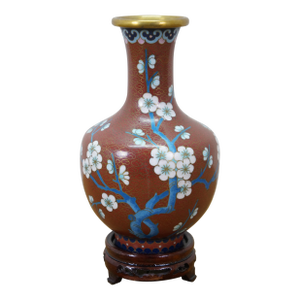 Vintage Chinese Brass Cloisonne Enamel Cherry Blossom Bud Vase Urn 6"