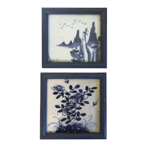 Antique 19th Century Chinese Blue & White Porcelain Framed Wall Plaques - A Pairr