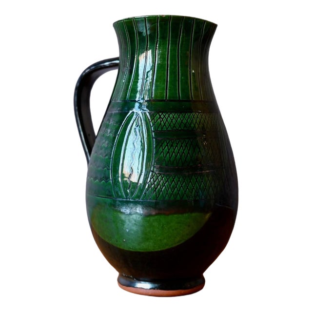 20th Century Bohemian Pitcher in Glazed Terracotta and Deep Green Sgraffito, 1950s For Sale