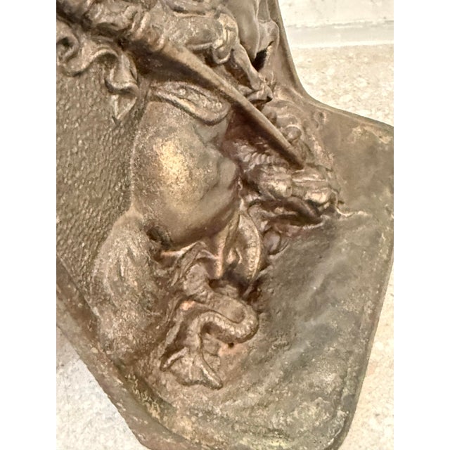 Antique 1925 Hubley #312 Cast Iron, Bronze-Clad Bookend in Bas-Relief Depicting the Legend of Saint George Slaying the Dragon For Sale - Image 11 of 12