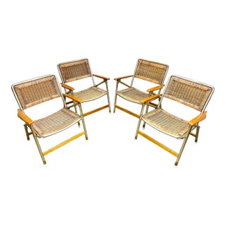 1970’s Mid Century Modern Rattan & Anodized Gold Aluminum Patio / Porch Chairs by Telescope For Sale