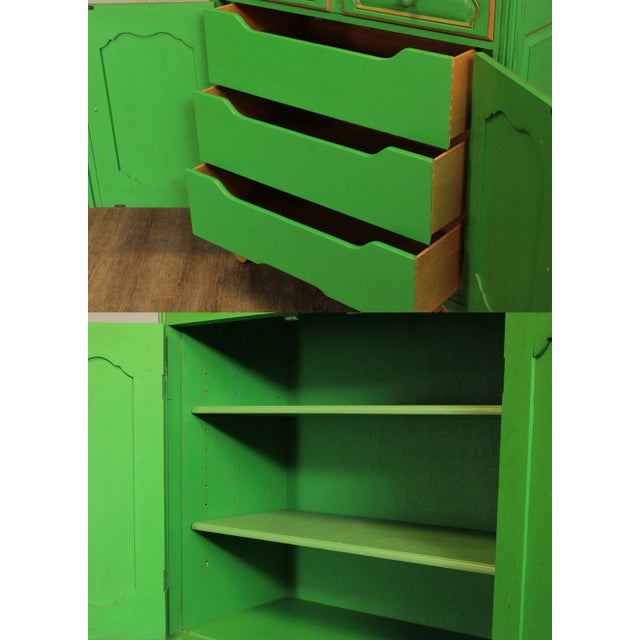 French Louis XV Style Custom Green Painted Large Armoires - A Pair For Sale - Image 11 of 13