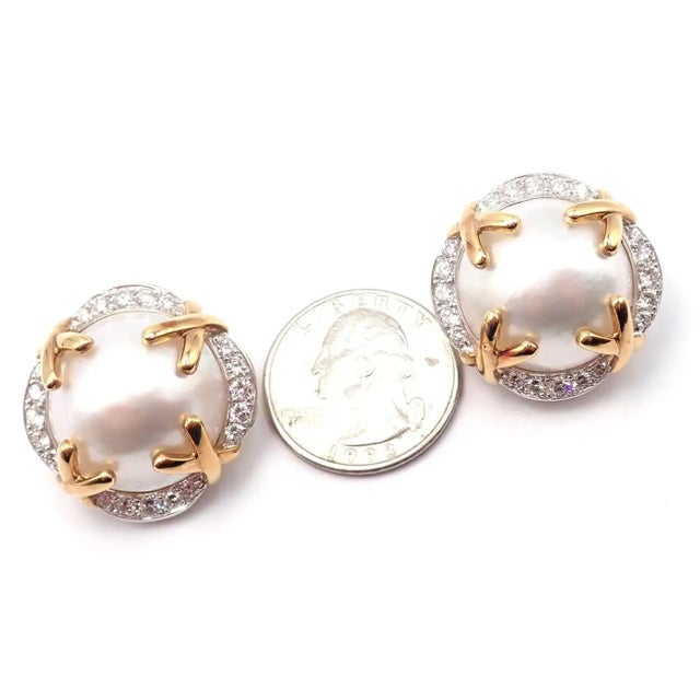 18k Yellow Gold and Platinum Vintage Diamond Mabe Pearl Large Earrings by Verdura. **These earrings are made for non...