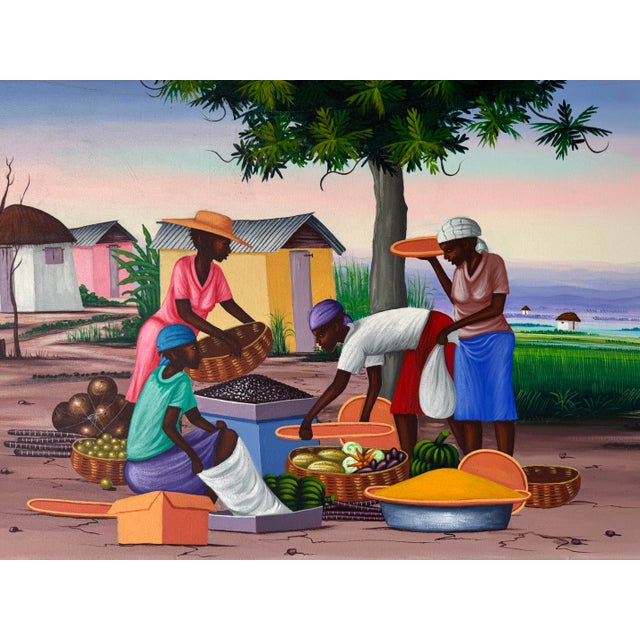 1990s Vintage E. Constant Haitian Market by the Bay Oil on Canvas Painting For Sale - Image 5 of 12