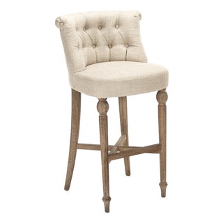 Amelie Tufted Bar Stool - Natural Linen / Weathered Oak Legs For Sale
