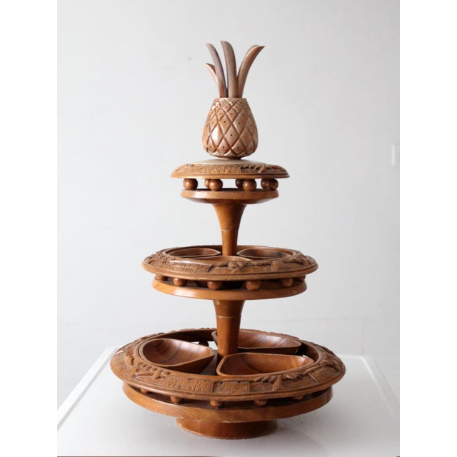 Vintage Mid-Century Carved Wood Tiered Lazy Susan With Pineapple Finial For Sale - Image 15 of 17