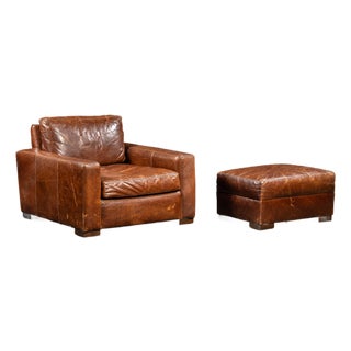 Full Grain Leather Leather Club Chair and Ottoman in Brown by Rh For Sale