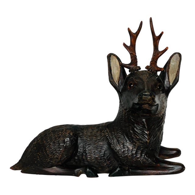 Vintage Black Forest Style Hand Carved Wood Stag Deer Sculpture With Antlers For Sale