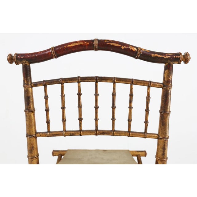 Gold French Faux‑Bamboo Folding Chair in Gilded Wood and Green Fabric, 1850 For Sale - Image 8 of 11