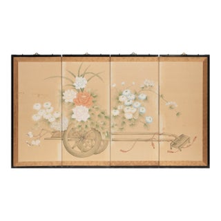 1950-1960s Chinoiserie Style Painted Silk Screen With Flower Cart For Sale