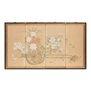 1950-1960s Chinoiserie Style Painted Silk Screen With Flower Cart