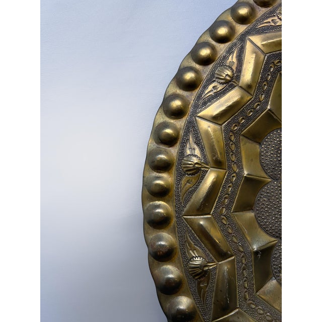 Metal Vintage Pair of Hollywood Regency Moroccan Repoussé Brass Architectural Wall Chargers For Sale - Image 7 of 8
