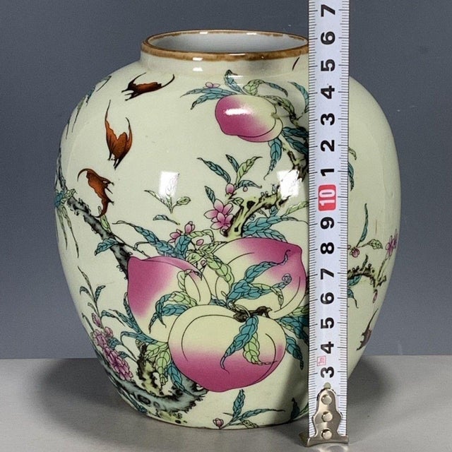 Ceramic Vintage Chinese Celadon Famille Rose "Peaches & Bats" Jar With Marchant London Label For Sale - Image 7 of 9