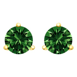 14K Yellow Gold 2.0 Cttw 3-Prong Martini Set Lab Grown Green Diamond Solitaire Stud Earrings For Sale
