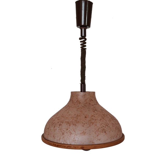 Vintage Adjustable Ceiling Lamp with Beige Marbled Plastic Shade and Beechwood Rim, 1970s For Sale