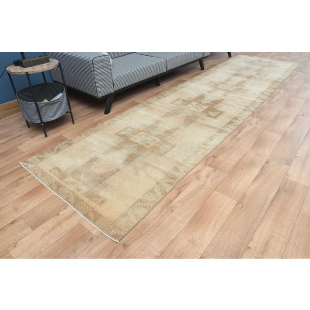 Beige 1970s Vintage Handmade Wool Cotton Turkish Beige Runner Rug For Sale - Image 8 of 11