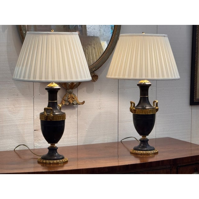 Pair of Empire Style Patinated Bronze Urn Lamps For Sale - Image 10 of 14