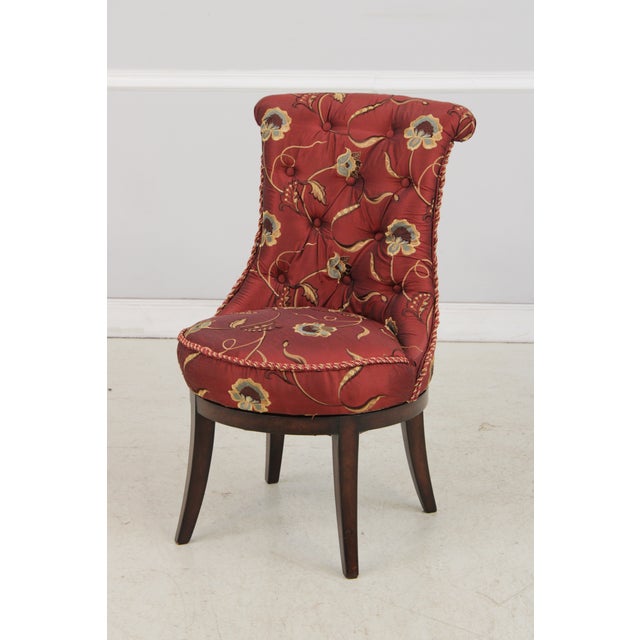 Traditional Silk Crewel Work Tufted Back Swivel Chair For Sale - Image 3 of 15