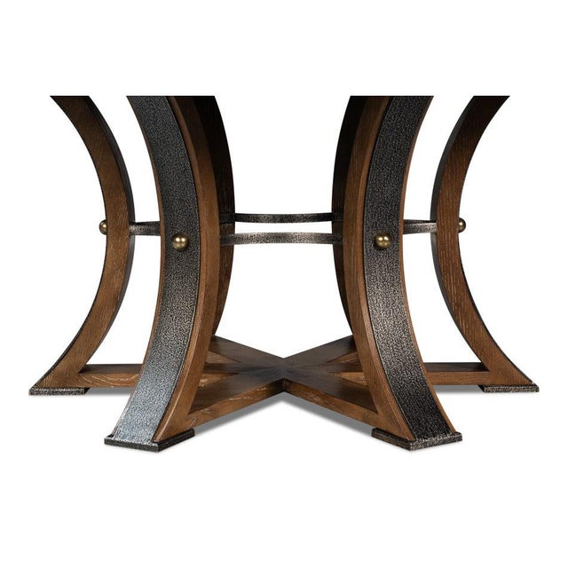 Wood Large Round Dining Table in Light Brown Oak With Iron Base For Sale - Image 7 of 11