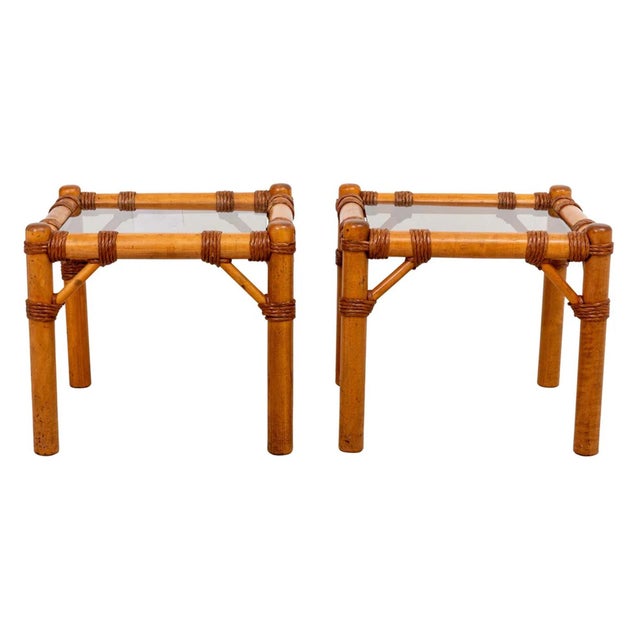 Wood Pair Vintage Rattan Wrapped Tables For Sale - Image 7 of 11