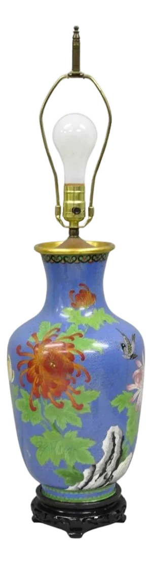 Vintage Chinoiserie Blue Cloisonné Enamel Oriental Brass Satsuma Vase Table Lamp
