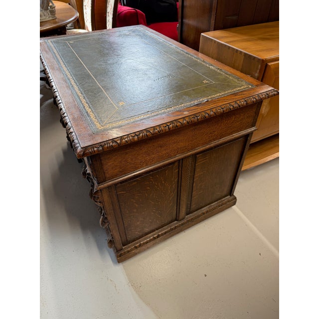 Antique Carved Oak Desk with Lion Handles, 1890s For Sale - Image 9 of 13
