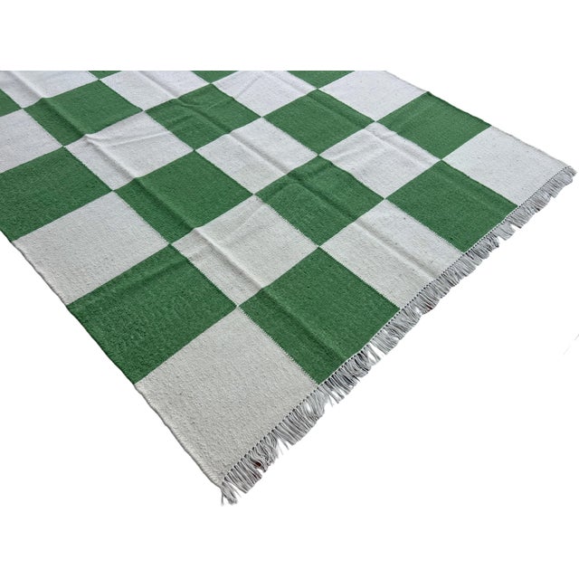Not Yet Made - Made To Order Handmade Woolen Flat Weave Rug, Moss Green and White Checker Board Dhurrie - 5'x8' For Sale - Image 5 of 12