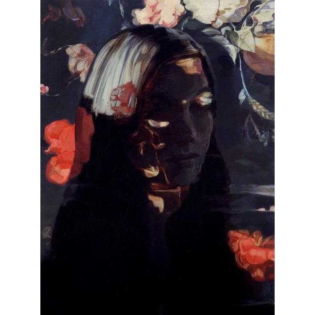 This oil painting features a figure partially shrouded in shadow, with delicate floral motifs emerging against a dark...
