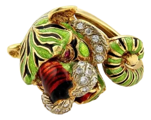 Frascarolo Modele Depose Diamonds & Enamel 18k Yellow Gold Tiger Ring - Size 5