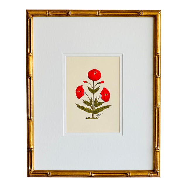 Hand-Painted Jaipuri Red and Green Floral Motif Painting. Framed For Sale
