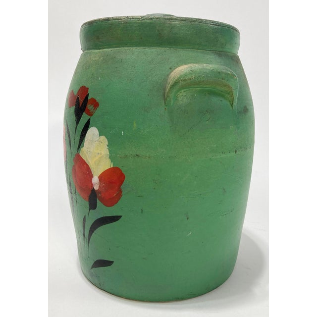 Antique Hand-Painted Green Floral Motif Lidded Crock For Sale - Image 4 of 8