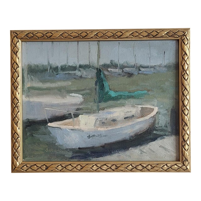 Beautiful Framed Original Acrylic on Board ‘Sailboat Harbor’ For Sale