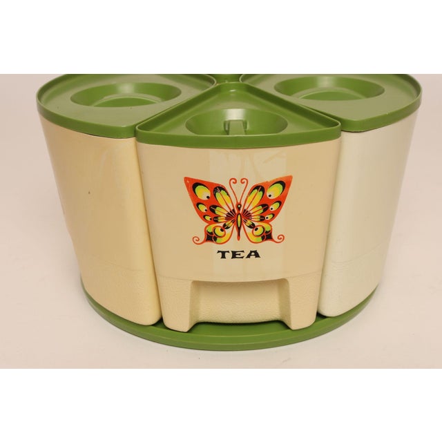 Vintage Sterilite Four Piece Canister Set With Lazy Susan Base in Cream and Green Plastic With Butterfly Motif For Sale - Image 10 of 17
