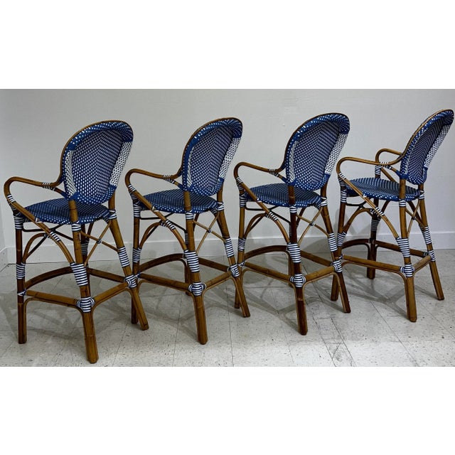 Frontgate French Bistro Natural Cane Rattan Bar Kitchen Stool Set of 4 Attributed Maison Gatti For Sale - Image 6 of 10