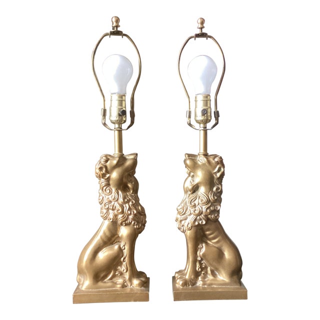 Pair of Vintage Robert Abbey Attributed Golden Lion Lamps With Silk Bell Shades For Sale