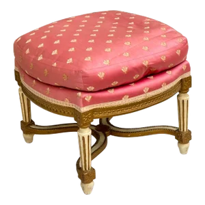 Mid-Century French Carved Giltwood and Painted Ottoman in Pink Silk