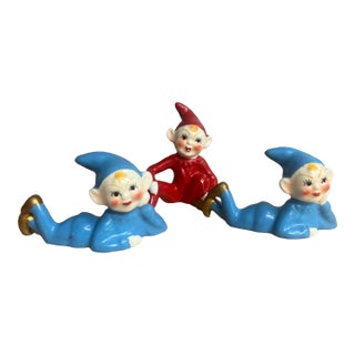 Vintage Hand Painted Christmas Pixie Elf Figurines - a Set of 3 For Sale