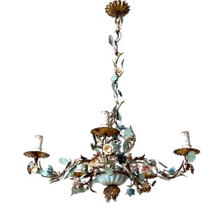 Italian Florentine Tole Flower Chandelier in Gilt Iron, 1950 For Sale
