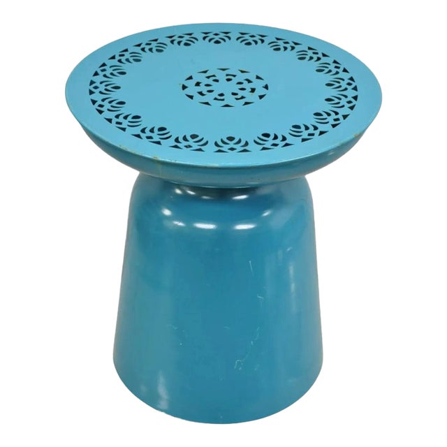 Modern Turquoise Blue Perforated Metal Garden Stool For Sale