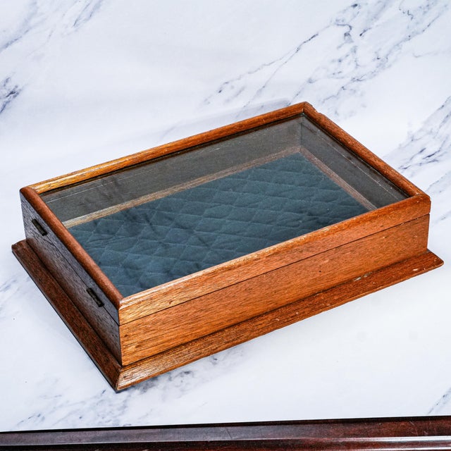 American Classic Antique Oak Wood Display Case With Glass Top Velvet Lining Showcase Box For Sale - Image 3 of 14