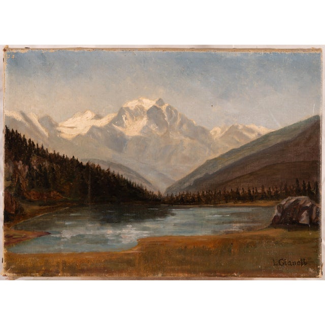Louis Gianoli, Mountain Lake with Snow-Capped Peak, 1890s-1910s, Oil on Board For Sale - Image 9 of 15